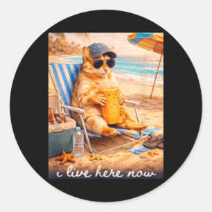 Lustige Katzenstrand Ich lebe jetzt hier Runder Aufkleber