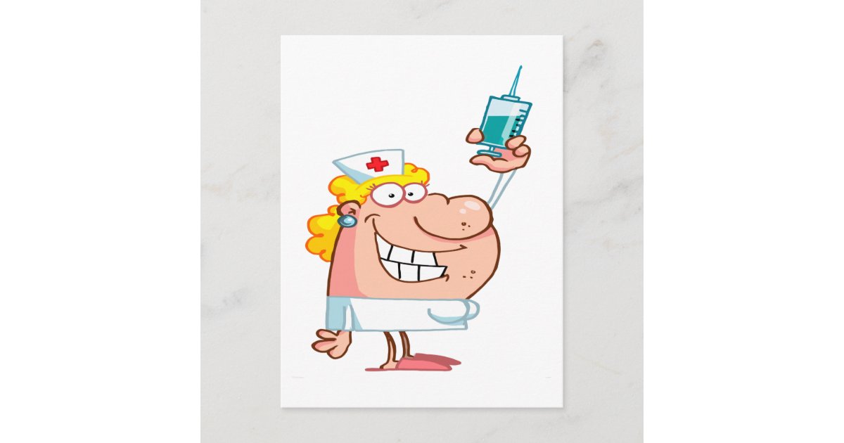 Lustige Krankenschwester Mit Einem Spritze Cartoon Postkarte Zazzle De