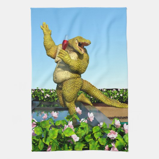 Lustige Krokodil-Champagner-Poolparty-Kunst Geschirrtuch (Vertikal)