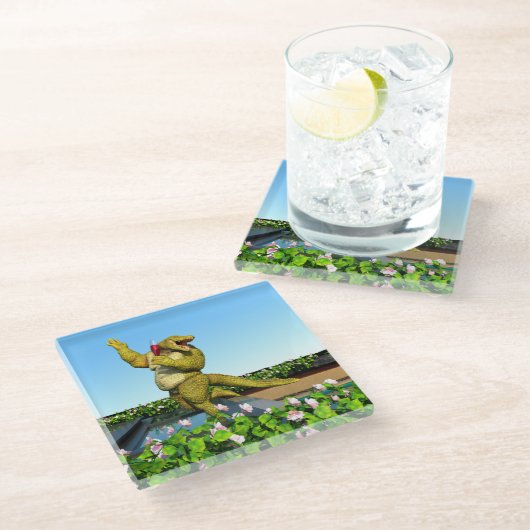 Lustige Krokodil-Champagner-Poolparty-Kunst Glasuntersetzer (Schrägansicht)