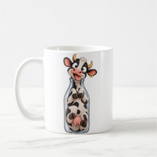 Lustige Kuh steckt in Milchflasche Kaffeetasse