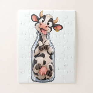 Lustige Kuh steckt in Milchflasche Puzzle