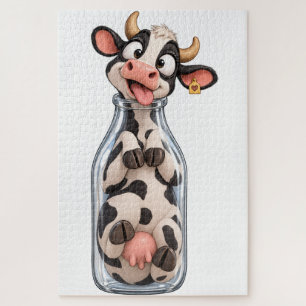 Lustige Kuh steckt in Milchflasche Puzzle