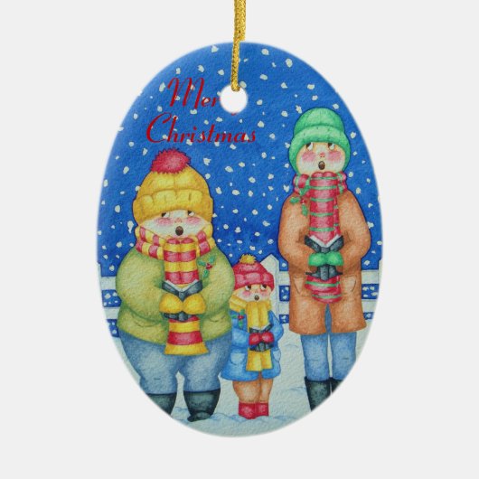 lustige Liedsänger im Schneeweihnachten entwerfen Keramik Ornament (Vorne)