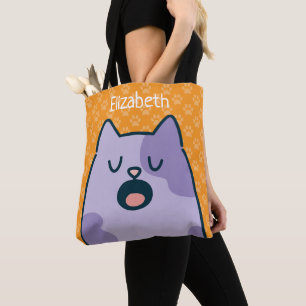 Lustige lila Cartoon-Katze, Namensoption auf Orang Tasche