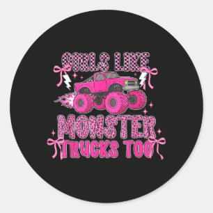 Lustige Mädchen mögen Monstertrucks auch süß rosa Runder Aufkleber