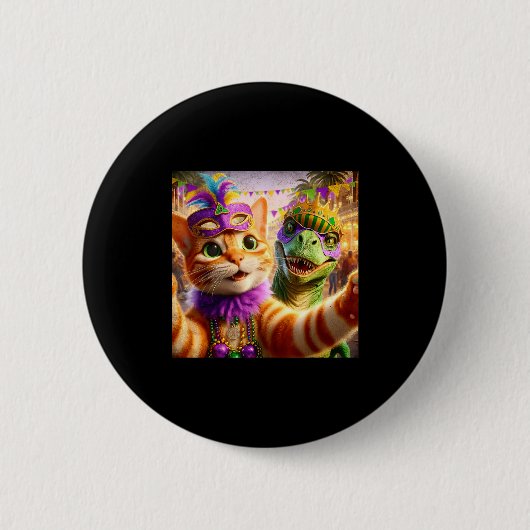 Lustige Mardi Gras Selfie Katze Dinosaurier Zitat Button (Vorderseite)