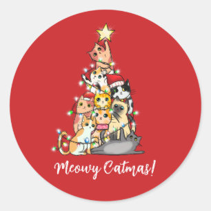 Lustige Meowy Catmas Katzen Weihnachtsbaum Runder Aufkleber