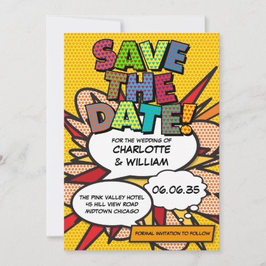 Lustige moderne farbenfrohe Comic-Hochzeit Save The Date (Vorderseite)