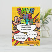 Lustige moderne farbenfrohe Comic-Hochzeit Save The Date (Stehend Vorderseite)