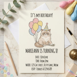 Lustige mürrische Katze Pastell Ballons Geburtstag Einladung