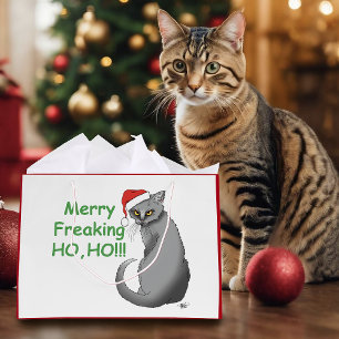 Lustige mürrische Weihnachten Graue Katze Feiertag Große Geschenktüte