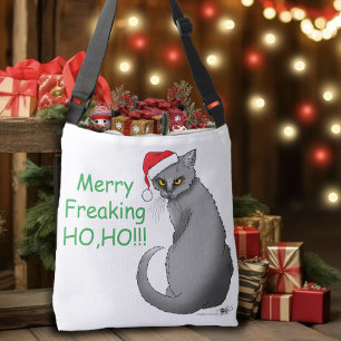 Lustige mürrische Weihnachten Graue Katze Feiertag Tragetaschen Mit Langen Trägern