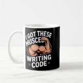 Lustige Muskeln schreiben Code, sagen Programmiere Kaffeetasse (Links)