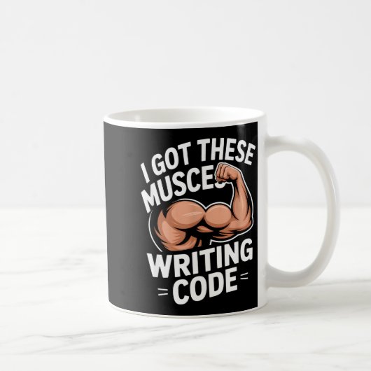 Lustige Muskeln schreiben Code, sagen Programmiere Kaffeetasse (Rechts)
