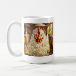 Lustige Nahaufnahme von Impasto-Huhn, das wütend a Kaffeetasse