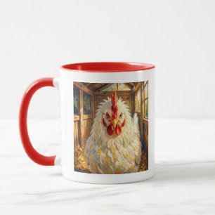 Lustige Nahaufnahme von Impasto-Huhn, das wütend a Tasse
