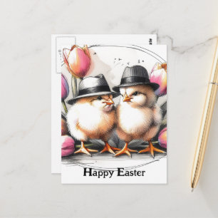 Lustige niedliche Vintage-Osterküken in Hüten Postkarte