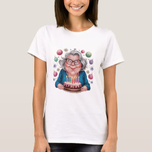 Lustige Oma, die auf den Geburtstagskuchen schaut T-Shirt