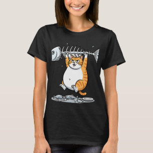 Lustige orange Katze hält Fischskelett Cartoon Kaw T-Shirt