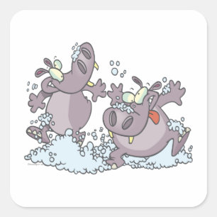 lustige Party-Hippos in Suppe Cartoon Quadratischer Aufkleber