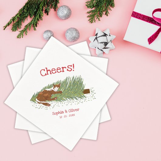 Lustige Pfiffe Orange Katze gegen Weihnachtsbaum F Serviette