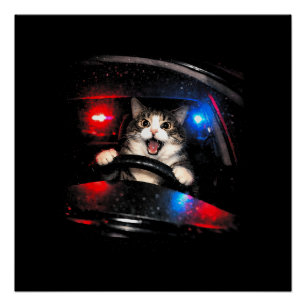 Lustige Polizei Katze fährt Auto Vintage Katze Mem Poster