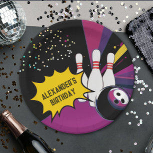 Lustige Retro-Bowling-Lila-Rosa-Mädchen-Geburtstag Pappteller