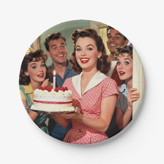Lustige Retro-Freunde feiern einen Geburtstag Pappteller (Vorderseite)
