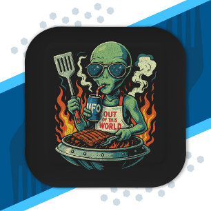 Lustige Retro grüne Alien UFO BBQ Grill Sonnenbril Pappteller