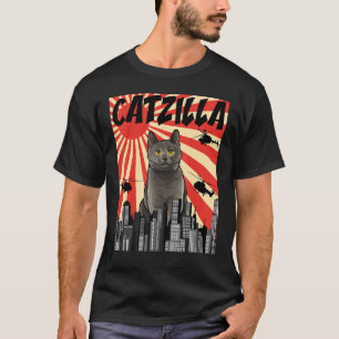 Lustige Retro-Japanische Catzilla Chartreux Katze T-Shirt