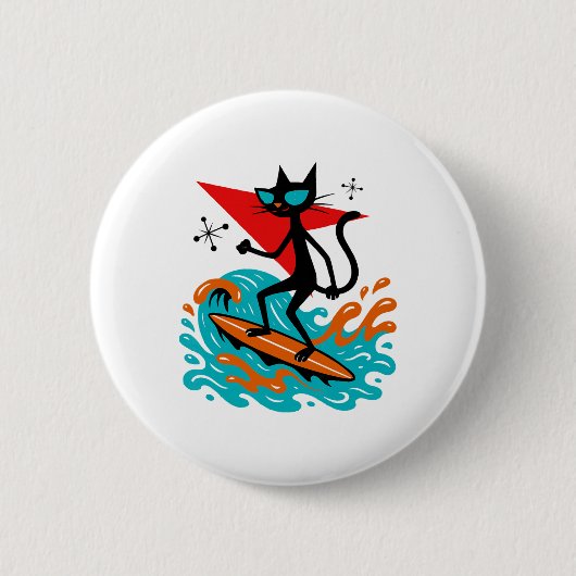 Lustige Retro-Katze surft Midcentury Mid Century S Button (Vorderseite)
