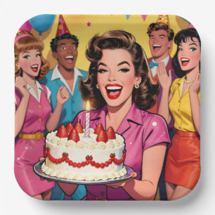 Lustige Retro-Pop-Art-Comic-Mid-Century-Geburtstag Pappteller