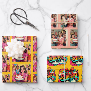 Lustige Retro-Pop-Art-Geburtstagsfeier-Überraschun Geschenkpapier Set