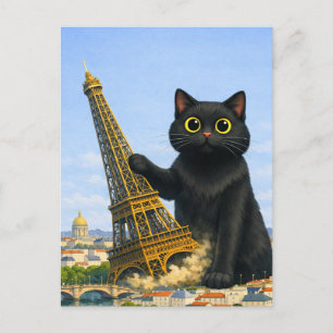Lustige riesige schwarze Katze wirft Eiffelturm um Postkarte