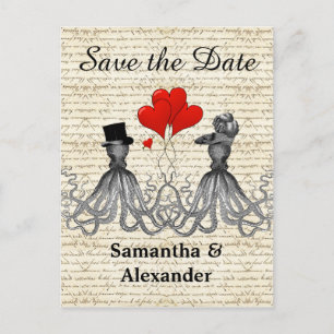 Lustige romantische Oktopus-Steampunk-Hochzeitsein Ankündigungspostkarte