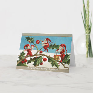 LUSTIGE ROTE WEIHNACHTSELFE,HOLUNDERBEEREN,MISTELN FEIERTAGSKARTE