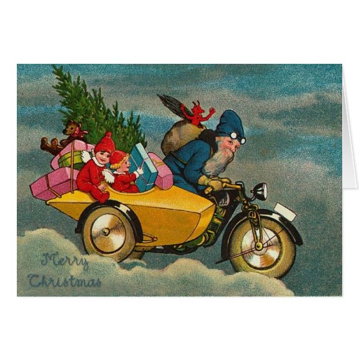 Lustige Sankt, die Geschenke auf Motorrad liefert Grußkarte Zazzle