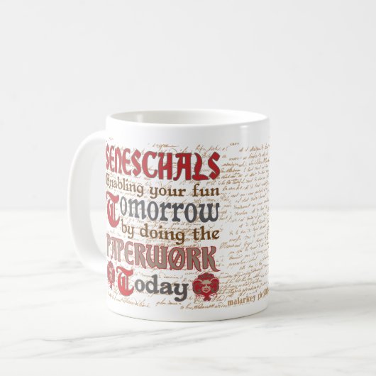 Lustige SCA Seneschal-Schreibarbeit Kaffeetasse (Vorderseite Links)