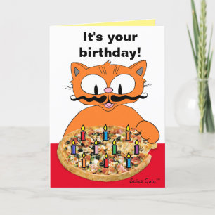 Lustige Schnurrbart-Katze-Pizza-Party-Geburtstagsk Karte