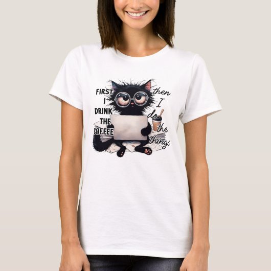 LUSTIGE SCHWARZE KATZE AM COMPUTER T-Shirt (Vorderseite)