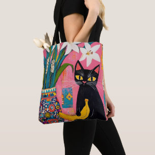 Lustige schwarze Katze Banane und Blumen Vase Tasche
