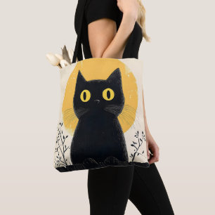 Lustige schwarze Katze bei Vollmond Tasche
