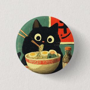 Lustige schwarze Katze, die Ramen isst Button