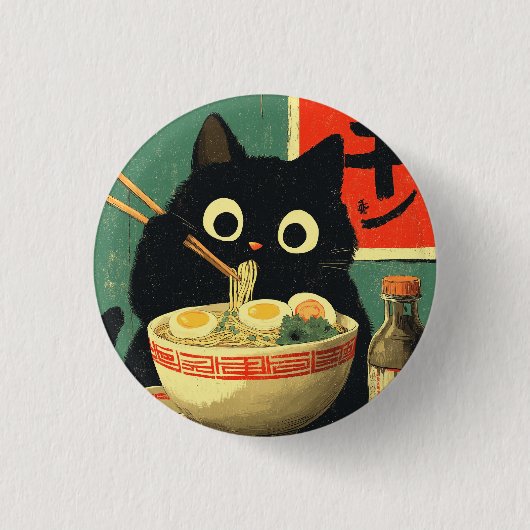 Lustige schwarze Katze, die Ramen isst Button (Vorderseite)