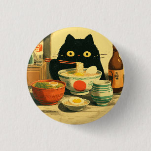 Lustige schwarze Katze, die Ramen isst Japanisch Button