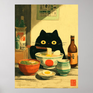 Lustige schwarze Katze, die Ramen isst   Japanisch Poster