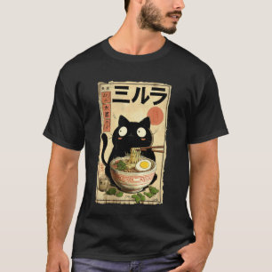 Lustige schwarze Katze, die Ramen isst, japanische T-Shirt
