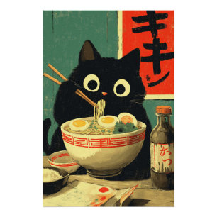 Lustige schwarze Katze, die Ramen isst Poster