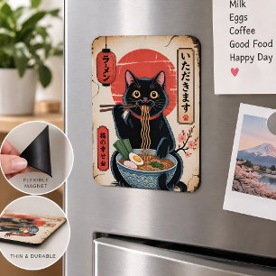 Lustige schwarze Katze, die Ramen isst, Vintage-Ja Magnet